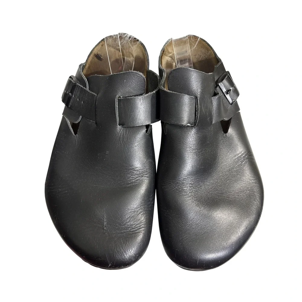Birkenstock London Black Leather Clogs Mens 14 EU 47 Closed Toe Buckle Shoes
